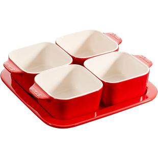 品旗staub珐宝珐琅陶瓷方形多功能小碗汤碗饭碗附托盘5件套