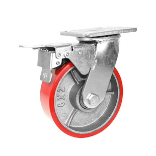 可刹车6寸重型聚氨酯静音制动4寸5寸8寸铁芯PU平板拖车手推车轮子