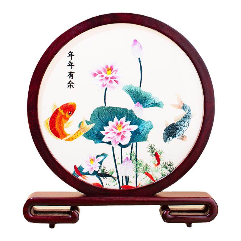苏州刺绣摆件年年有余手工双面苏绣荷花生日礼物女送国外客户礼品