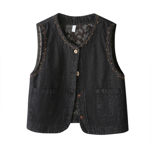 欧货时尚叠穿刺绣牛仔马甲女春装今年流行的复古无袖坎肩马夹上衣