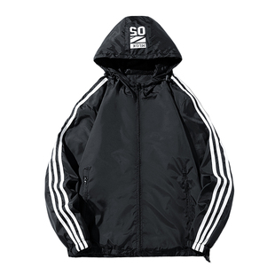 运动服风衣男春秋季薄款休闲户外夹克男加肥加大码三条杠连帽外套