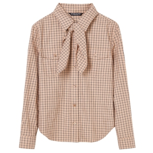 LANCY/朗姿2025年冬新款法式气质领结纯棉格子衬衫女通勤职业上衣
