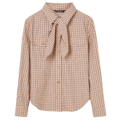 LANCY/朗姿2025年冬新款法式气质领结纯棉格子衬衫女通勤职业上衣