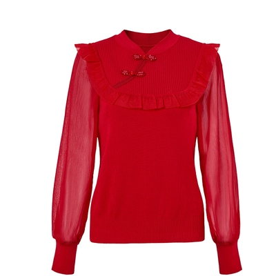 马天奴新中式红色长袖针织衫