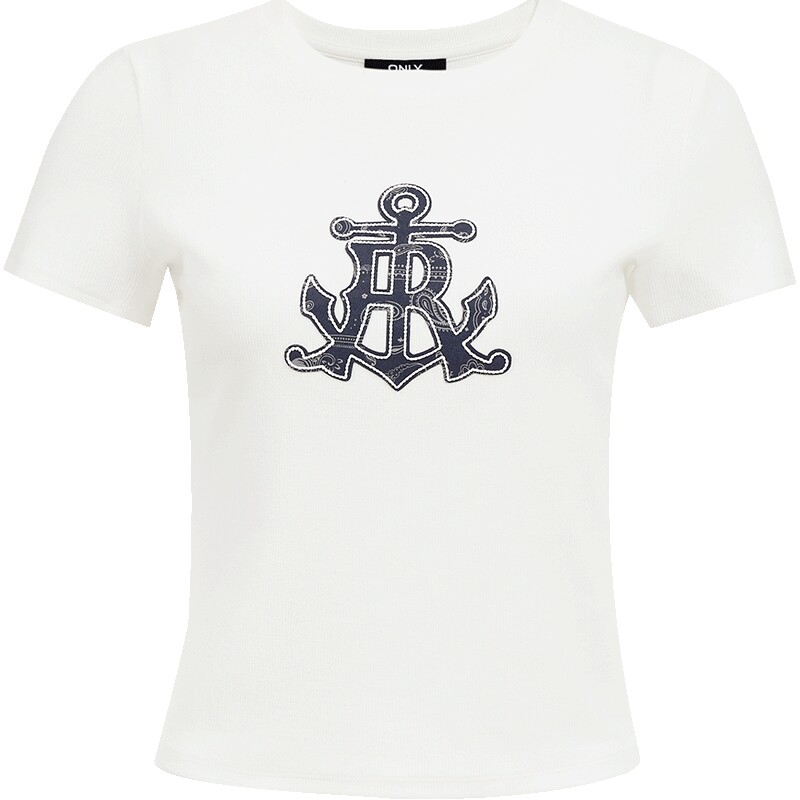 【热销】ONLY2026夏季新款上衣高弹航海风刺绣修身短袖正肩T恤