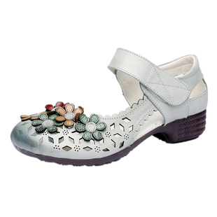 春夏原创手工花朵民族风凉鞋中跟镂空女鞋包头低跟软底真皮妈妈鞋