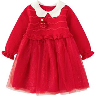 巴拉巴拉女童连衣裙宝宝拜年裙子秋冬季款童装儿童红色公主网纱裙