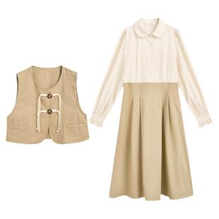 紫涵无袖背心马甲拼接长袖衬衫连衣裙两件时尚休闲套装女秋季新款