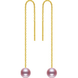 海蒂珠宝 紫露 8-9mm强光粉紫色淡水珍珠长款耳线女 18K金耳环