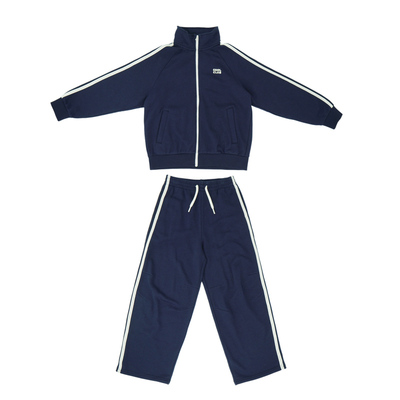 MoobooKids_加绒蓝色撞白条运动套装女童早秋新款中大男童女童