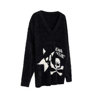 YUKAHOUSE 海马毛V领毛衣外套街头亚比复古朋克骷髅宽松女秋冬款