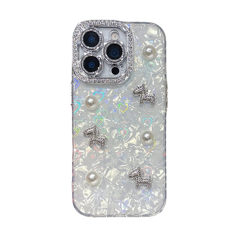 电镀小马珍珠手机壳适用iPhone17promax贝壳纹爱心苹果18pro水钻奢华15plus硬壳软边精孔14防摔镜头全包女款