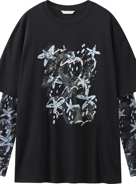 播26春新品长袖T恤女草莓星星印花假两件上衣DDT1YD55051