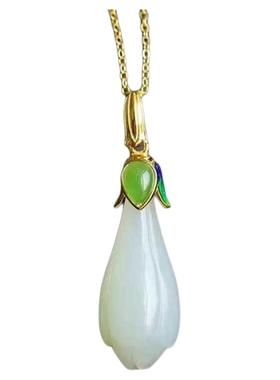 和田玉玉兰花吊坠项链镀银玉石个性气质项坠复古简约景泰蓝锁骨链