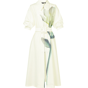 2026夏季新款气质翻领灯笼袖宽松系带定位印花鹅黄衬衣连衣裙