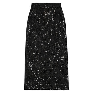 固执年春季新款新中式气质高腰长款珠片开叉直筒半身裙女下装