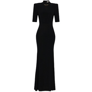 XULU原创复古气质醋酸优雅改良水滴领旗袍中长袖开叉鱼尾连衣裙