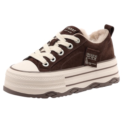 星期六加绒板鞋女款2025新款冬季加厚保暖棉鞋厚底增高帆布鞋女鞋