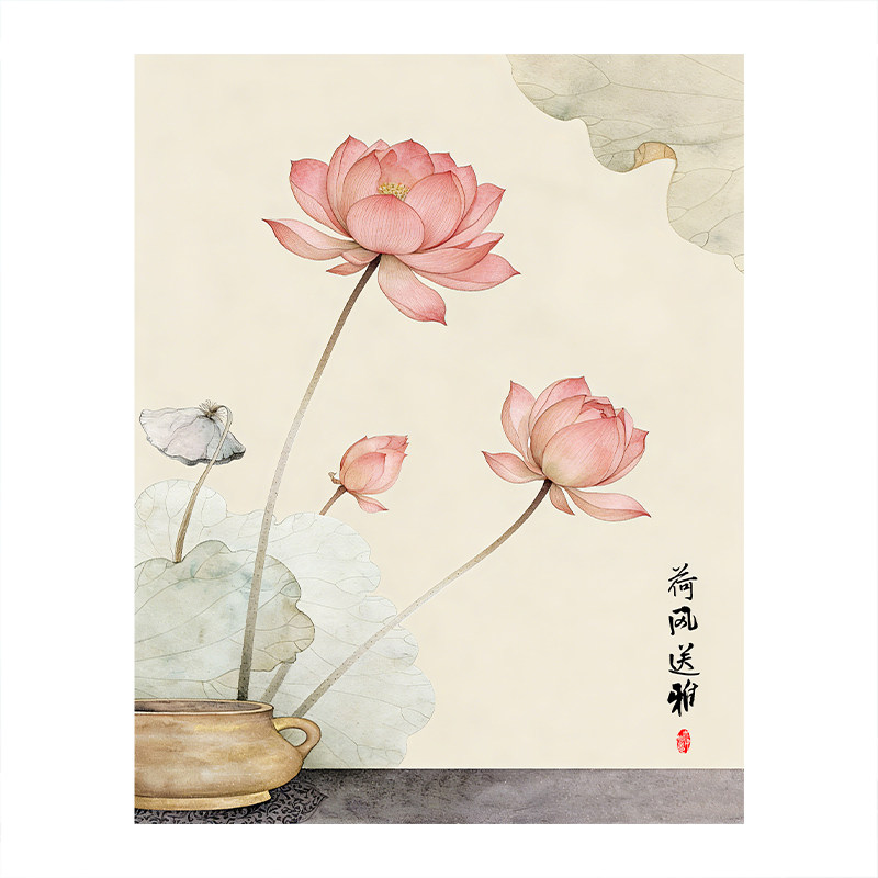 中式水彩花卉免打孔防水浴帘