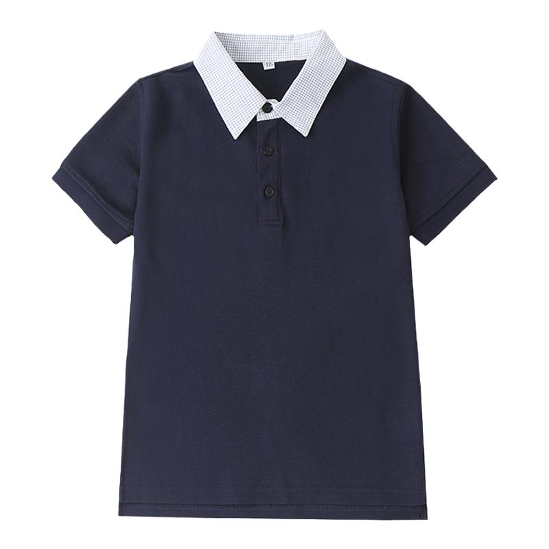中小学生校服学院英伦风园服夏季白色藏青格子翻领短袖T恤男女款
