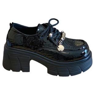 高级褶皱漆皮乐福鞋女2026春秋爆款小个子增高6CM粗跟系带小皮鞋