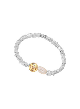 925纯银钱币珍珠弹力绳戒指女