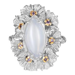 Dare买手店T.MAJOR马眼白玛瑙绽放曼陀罗花开口戒指925银做旧复古