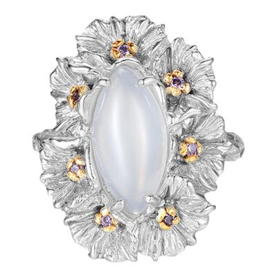 Dare买手店T.MAJOR马眼白玛瑙绽放曼陀罗花开口戒指925银做旧复古