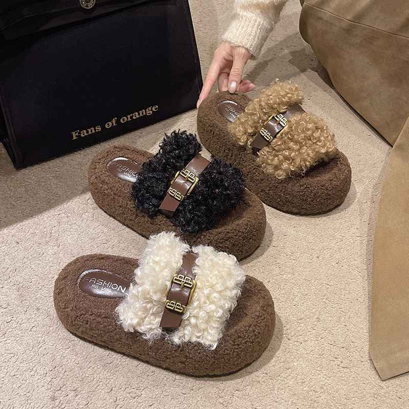 超火毛毛拖鞋秋冬女外穿网红卷毛皮带扣新款厚底一字拖显瘦毛毛鞋