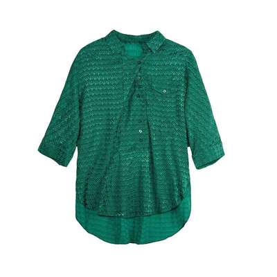 谜底大廓形衬衫五分袖女2025夏季新款通勤提花中长衬衣256MC6265