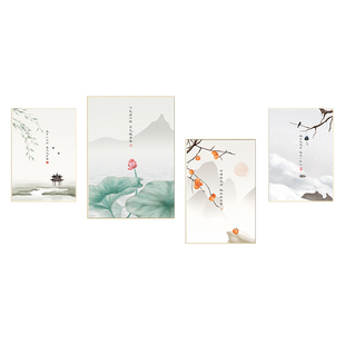 新中式春夏秋冬挂画客厅四联四季风景装饰画原木风餐厅背景墙壁画