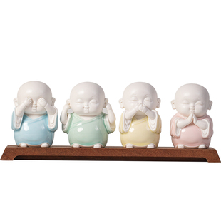 新中式可爱四不小和尚摆件陶瓷小沙弥创意茶室玄关桌面装饰品摆设