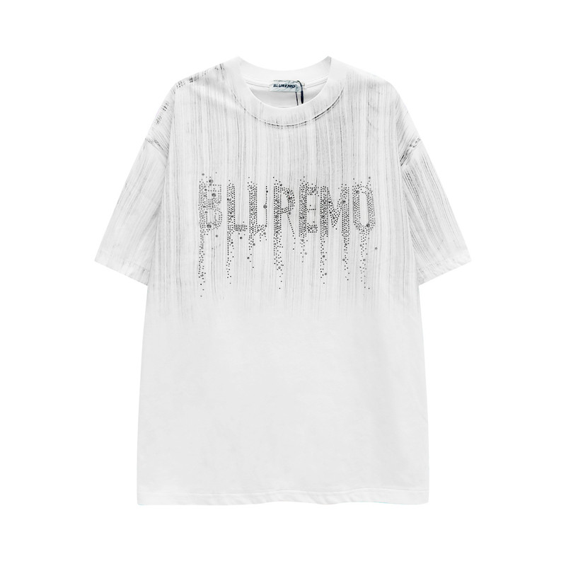 BLUREMO/模糊情绪2026夏季新款潮牌重工烫钻字母T恤做旧刷漆上衣