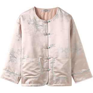 美标2025新中式国风真丝夹棉提花外套女冬100%桑蚕丝填充丝绸上衣