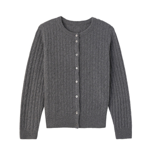 春竹早春新款100%山羊绒圆领合体全身绞花轻盈长袖女士针织开衫