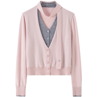 【绵羊毛】BANANA BABY2026年春季新款假两件拼色针织开衫配飘带