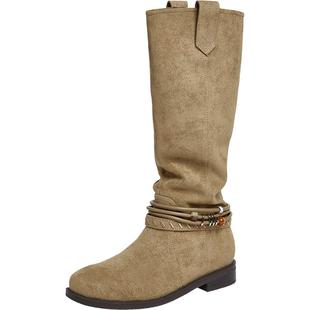 百思图2025冬新款堆堆靴西部靴大筒围复古女加绒高筒长靴W5862DG5