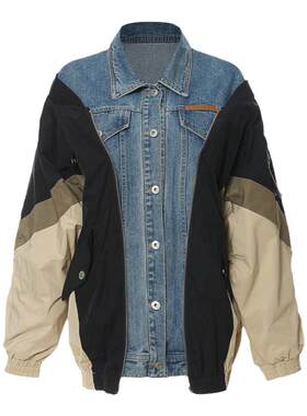 复古牛仔拼接棒球服中长款