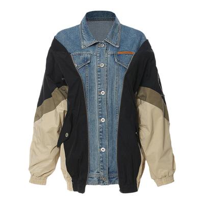 复古牛仔拼接棒球服中长款