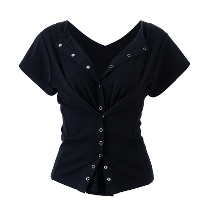 call it a day 灰色/黑色V领一字领两穿修身显瘦小众褶皱T恤上衣