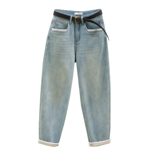 浅蓝色高腰哈伦牛仔裤女2025秋冬复古加绒加厚宽松休闲老爹萝卜裤