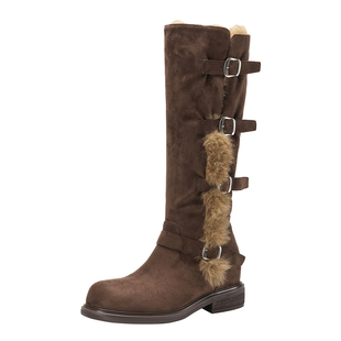 达芙妮棕色长筒靴子女款2026新款冬季加绒加厚骑士靴长靴毛毛靴子