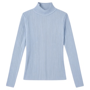 韩系蓝色半高领针织打底衫女秋冬高级感修身软糯毛衣内搭气质上衣