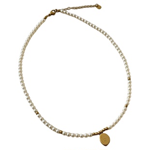 法式优雅气质奶油米黄色珍珠钛钢吊坠链接时尚百搭项链个性叠戴链