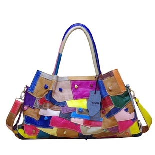 新款羊皮女包休闲多彩拼色个性拼接民族复古真皮斜跨单肩包饺子包