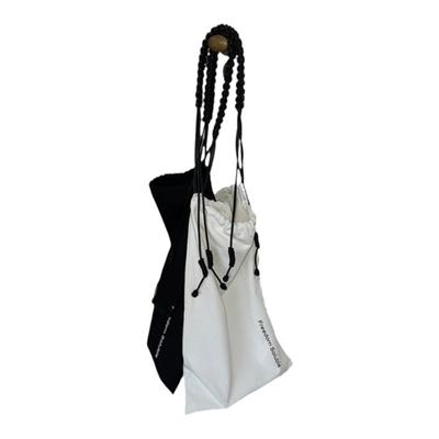 两色手工编织皮绳tote帆布袋