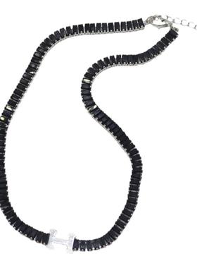 暗黑风黑锆石H英文字母项链女