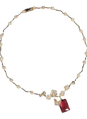 新款红宝石项链耳环套装简约百搭时尚方块锆石项链锁骨链套装