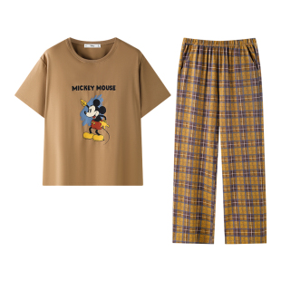 迪士尼睡衣女款夏季纯棉短袖复古格子长裤套装可爱米奇大码家居服