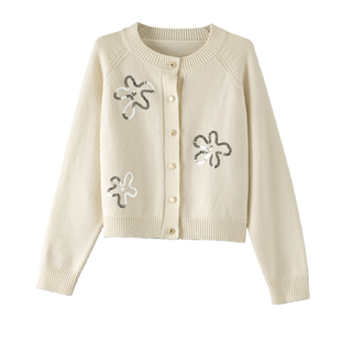 晚白基础简约大码开衫毛衣2026春新款时尚亮片软糯亲肤针织衫女